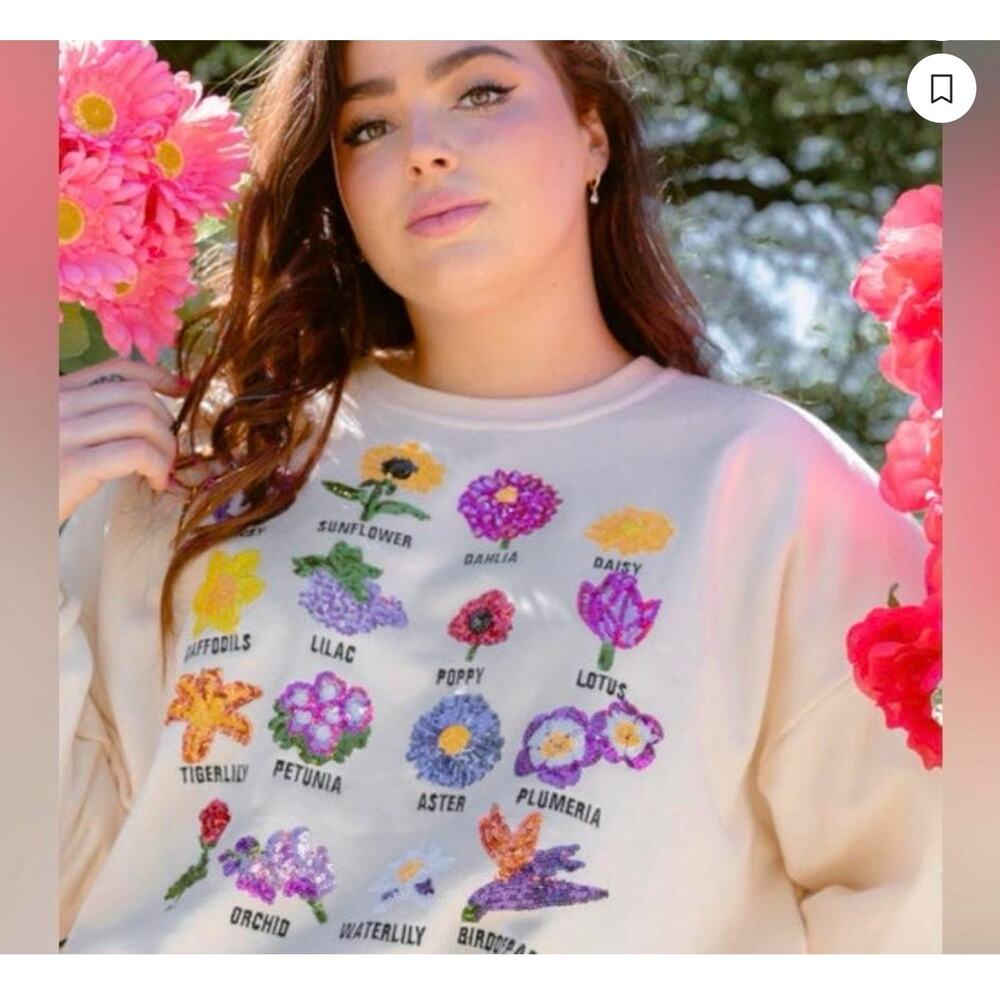 Queen of Sparkles Flower Sequin Sweatshirt Small Floral Pullover Size Small - Picture 10 of 10